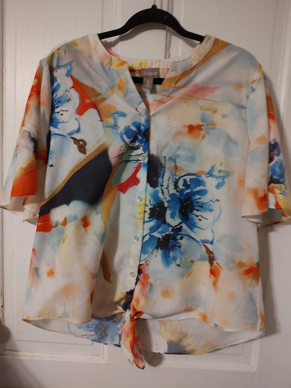 Chico's Floral Button-Front Tie-Hem Top in Blue, Orange, Cream